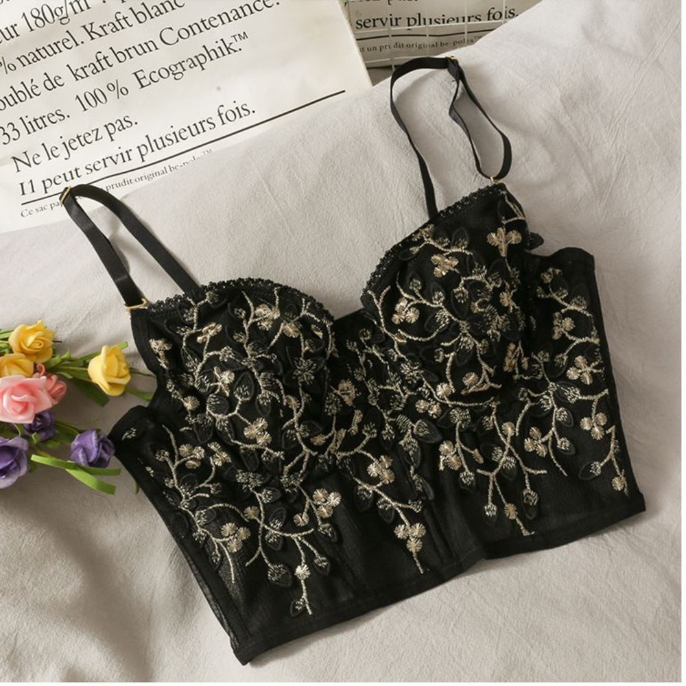 Floral embroidered bustier top in black